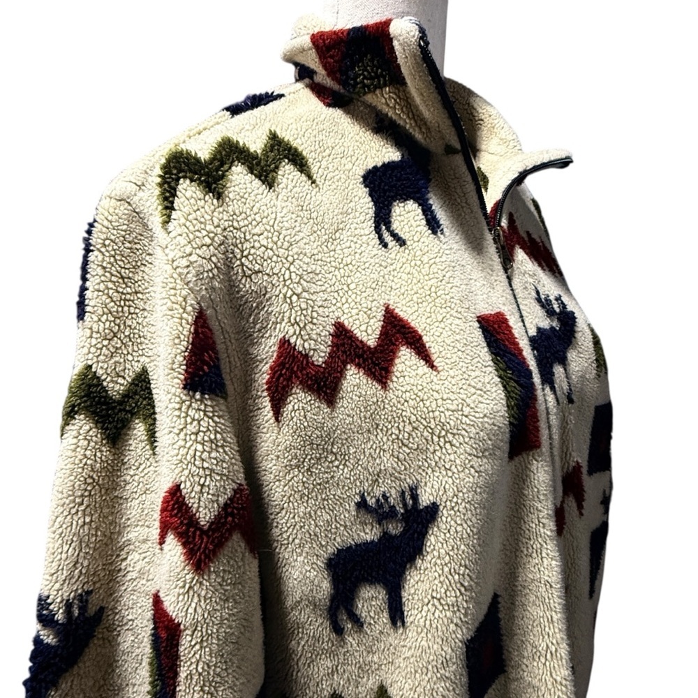 Woolrich VTG Fleece Zip-Up Jacket Moose Size M Outdoor Camp Sherpa Wildlife - Picture 3 of 13